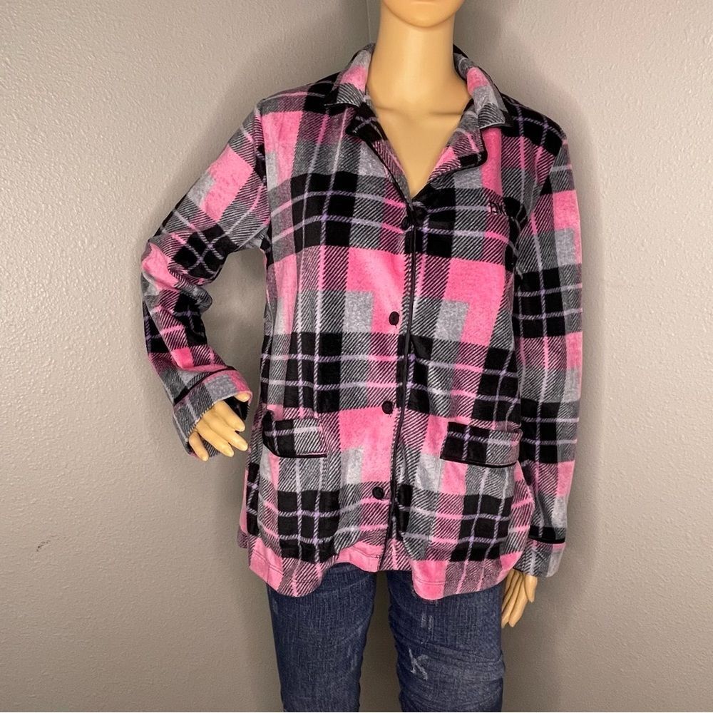DKNY Plaid Long Sleeved Soft Pajama Top Pink Black White Size Small